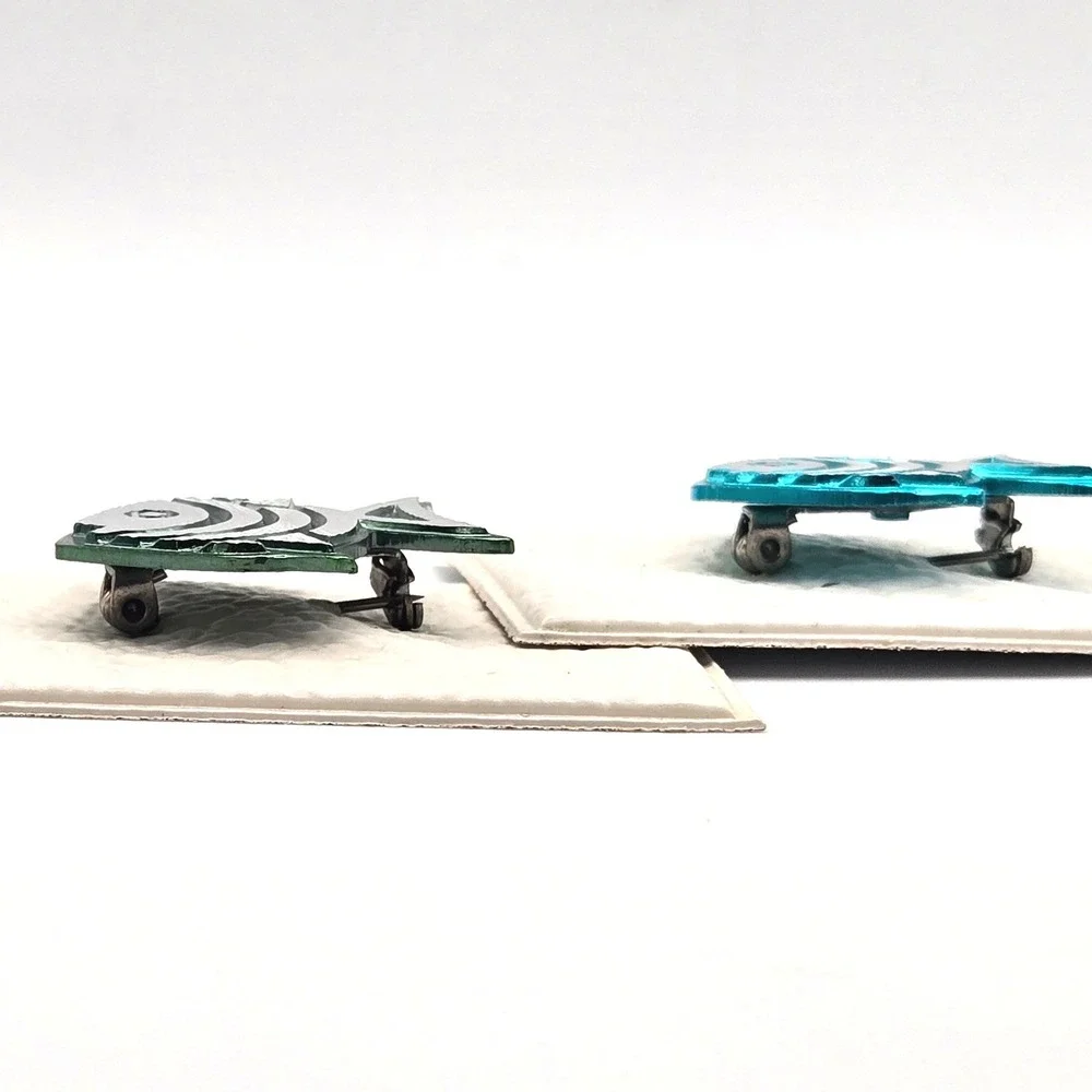 Vintage Made in‎ Germany Etched Metal Fish Brooch Pin Set Teal Green Geometric